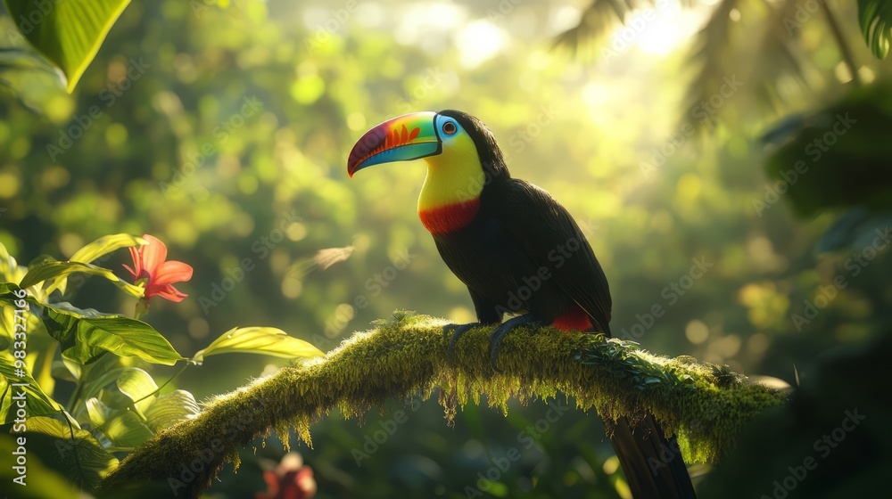 Vibrant Toucan Perched in Lush Tropical Forest Vibrant Toucan Perched in Lush Tropical Forest