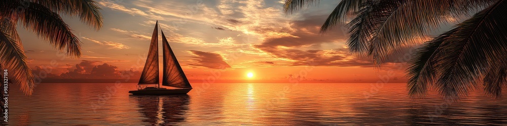Fototapeta premium Serene Sunset Over Calm Ocean with Sailboat