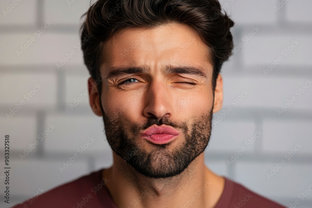A Young Man with a Goatee Winking and Puckering His Lips A Young Man with a Goatee Winking and Puckering His Lips