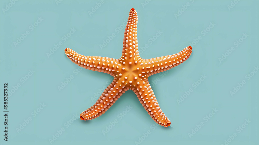 A single orange starfish on a blue background. A single orange starfish on a blue background.