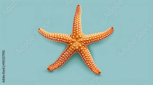 A single orange starfish on a blue background.