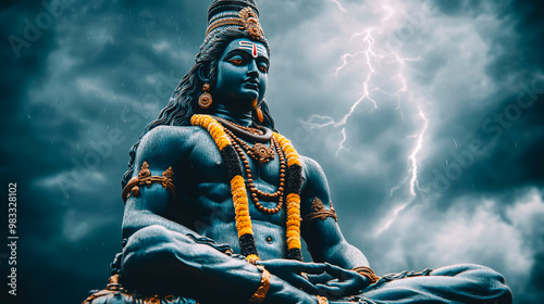 Majestic Lord Shiva Statue in Meditative Pose with Dramatic Lightning Background