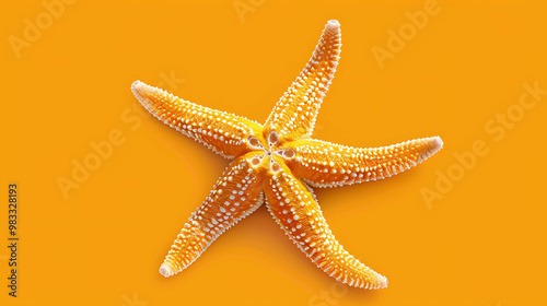 A bright orange starfish with white spots on an orange background. photo