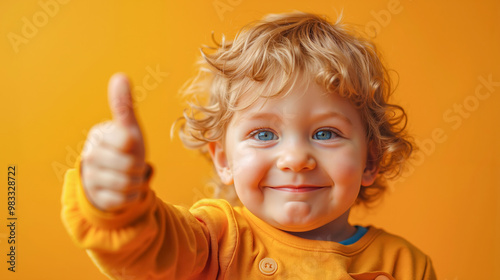 A small child with curly hair giving a thumbs up