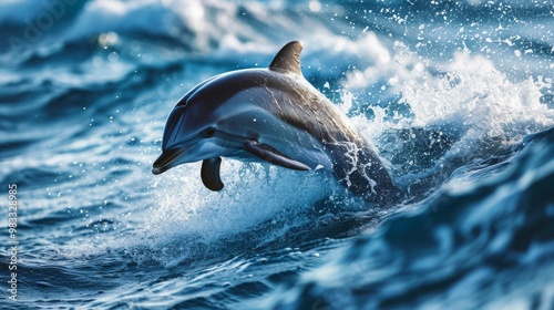 A dolphin leaps out of the water, creating a spray of water droplets. photo