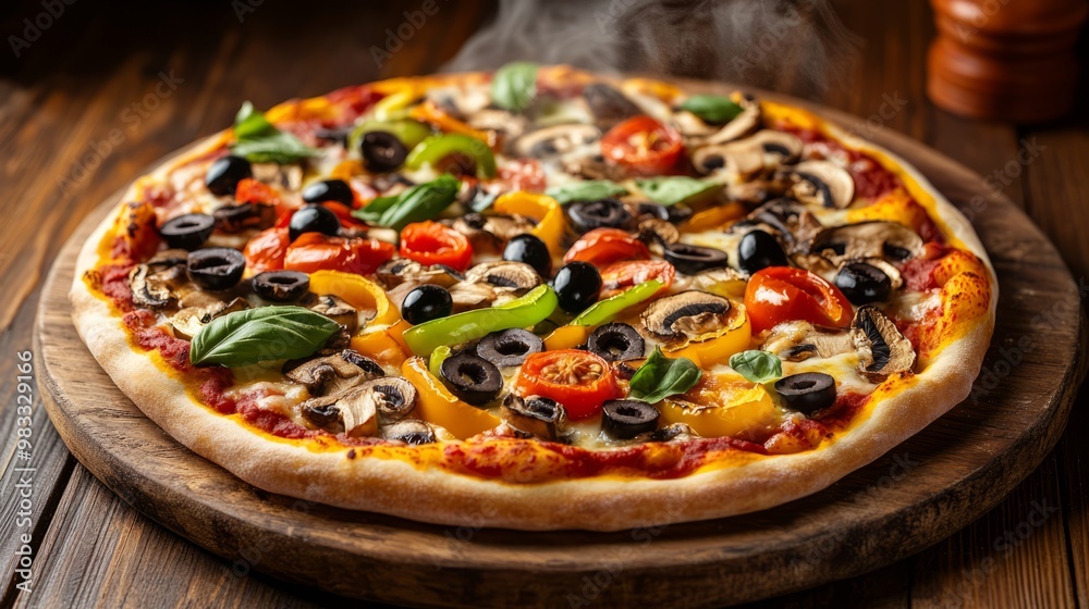 Fresh Vegetable Pizza on Wooden Board Fresh Vegetable Pizza on Wooden Board