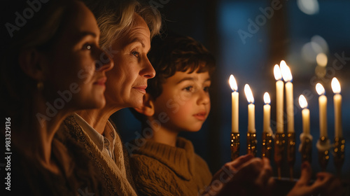  Generations Lighting Hanukkah Menorah, Grandmother, Mother, and Child photo