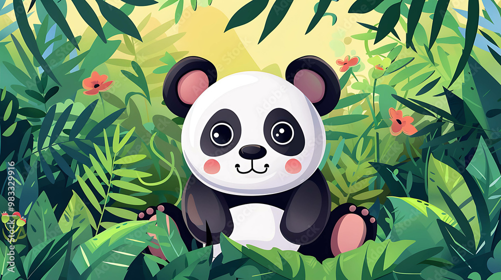 A cute cartoon panda sitting in a jungle. A cute cartoon panda sitting in a jungle.