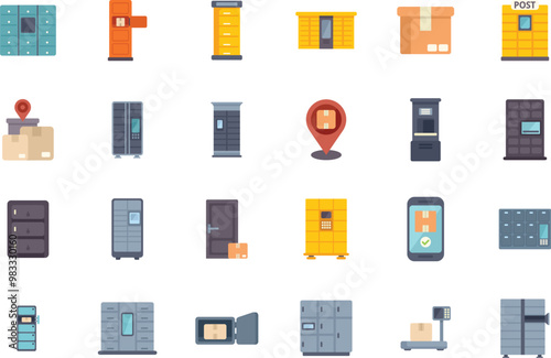 Collection of colorful icons representing automated parcel lockers for deliveries, often found in public places and residential buildings