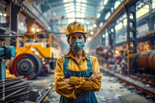 A woman wearing a face mask standing in a factory