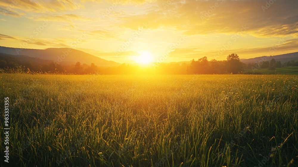 Sunset Over a Field of Grass and Mountains Sunset Over a Field of Grass and Mountains