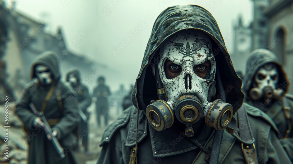 A group of people wearing gas masks walking down a street A group of people wearing gas masks walking down a street