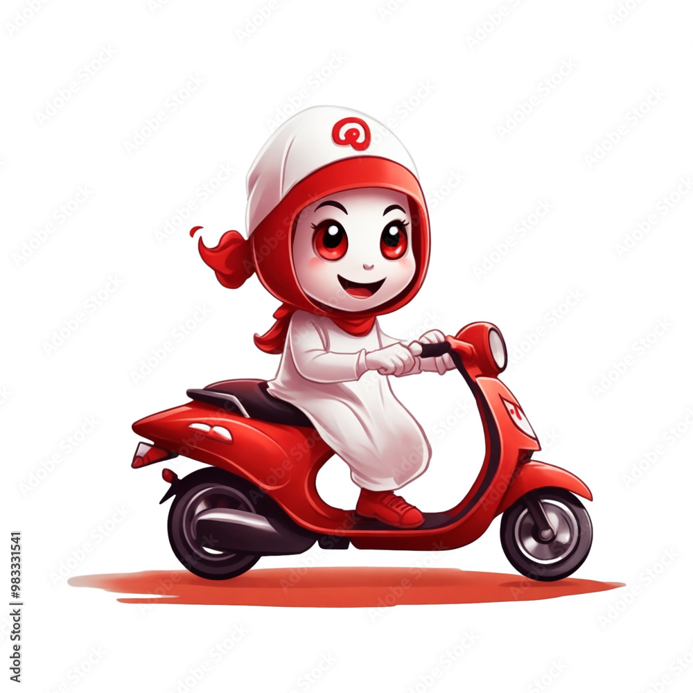 cheerful red and white Halloween graphic with a ghost of a woman on a scooter cheerful red and white Halloween graphic with a ghost of a woman on a scooter