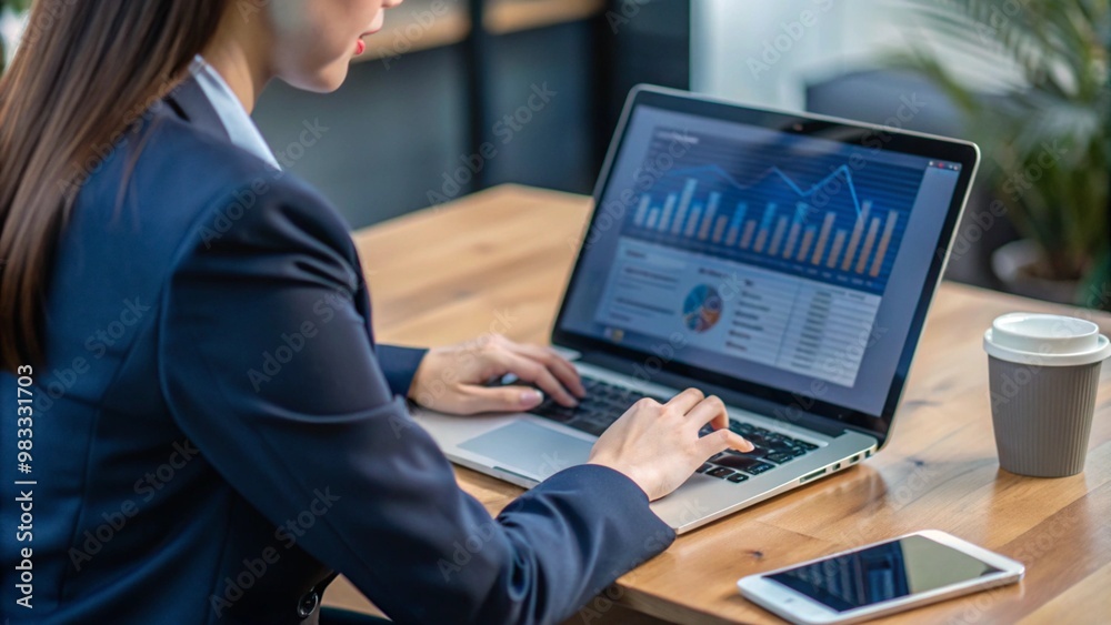 Businesswoman using a laptop to analyze financial reports Businesswoman using a laptop to analyze financial reports