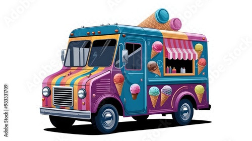Playful Ice Cream Truck with Cone Decor PNG on Transparent Background