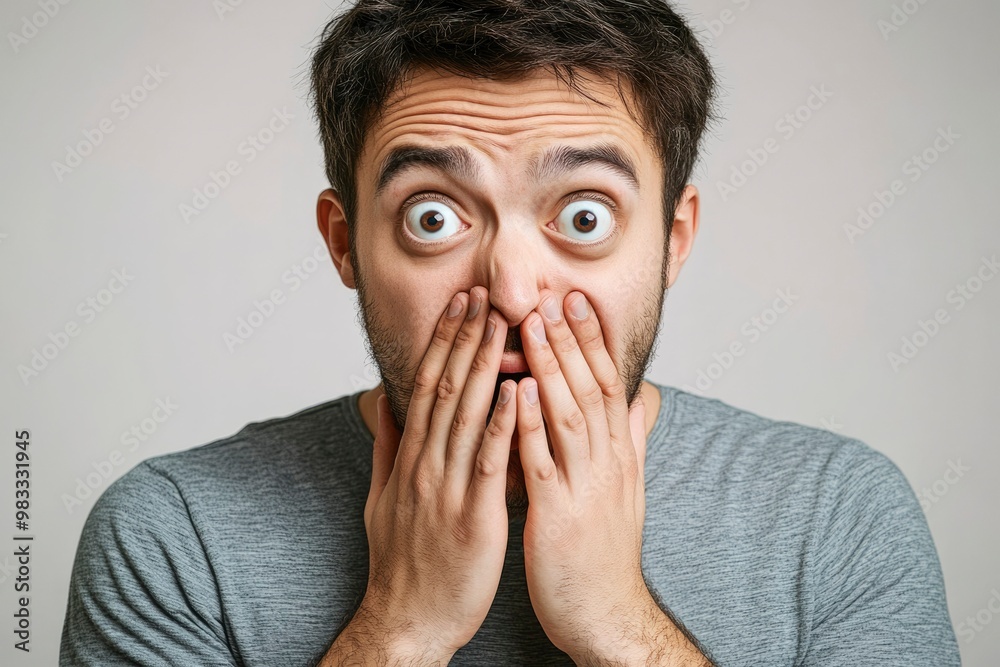 A Man Covering His Mouth with Hands in Shock or Surprise A Man Covering His Mouth with Hands in Shock or Surprise