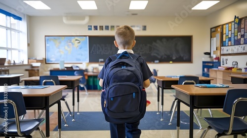 A back view of a young boy entering a classroom with his backpack. The boy is wearing a navy blue uniform and a white shirt.The classroom has multiple desks and chairs. A chalkboard in the background.