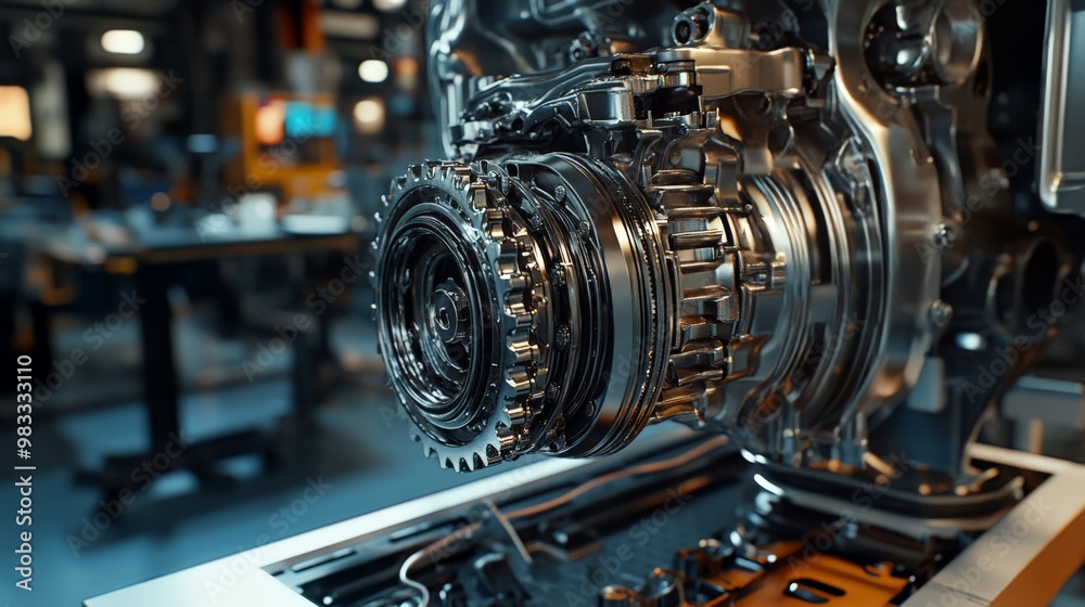 Close-up of a detailed machine part in a modern factory setting. High-resolution image showcasing engineering and manufacturing precision. Close-up of a detailed machine part in a modern factory setting. High-resolution image showcasing engineering and manufacturing precision.
