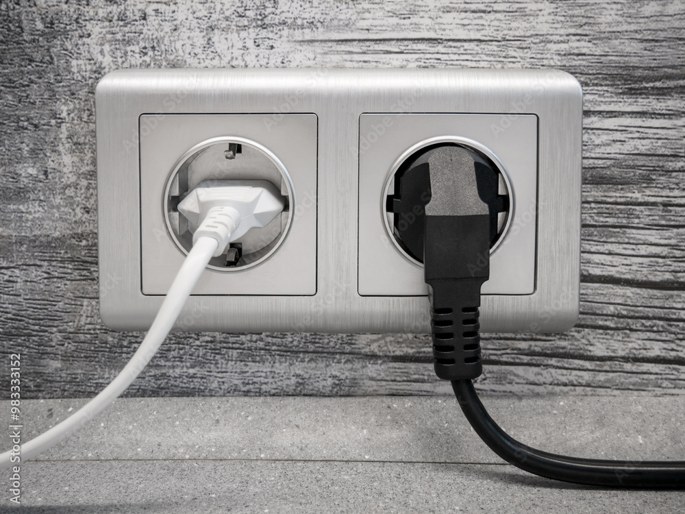 A white and black electric plug with a cable in a wall outlet. An electrical outlet with connected electrical appliances A white and black electric plug with a cable in a wall outlet. An electrical outlet with connected electrical appliances