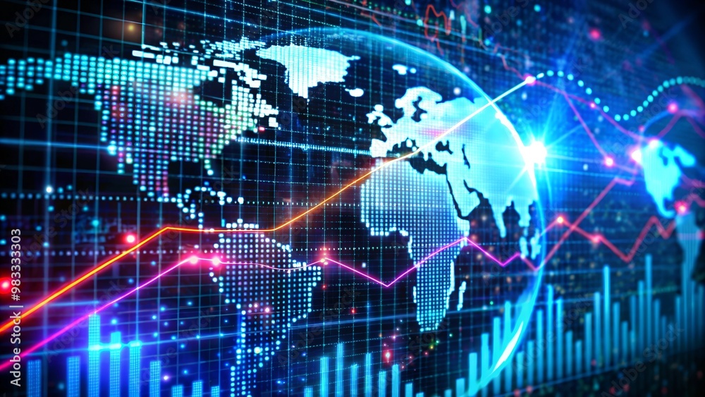 Bright, fluctuating lines and digital graphs hover over a world map, depicting the pulse of international financial systems Bright, fluctuating lines and digital graphs hover over a world map, depicting the pulse of international financial systems