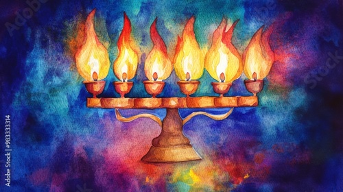 Watercolor Painting of a Menorah with Flames