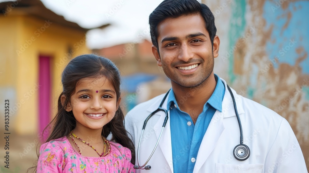 Happy doctor with young girl in outdoor setting Happy doctor with young girl in outdoor setting