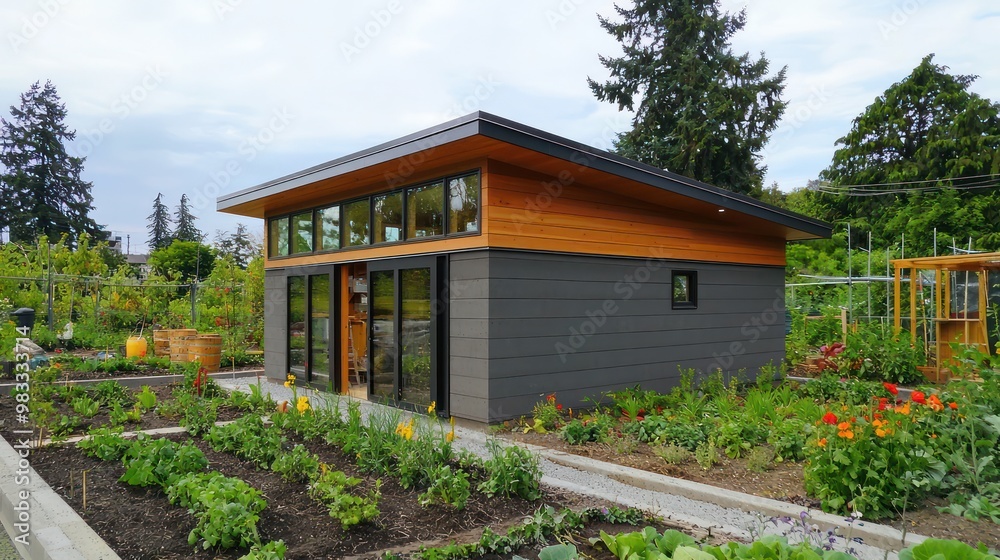 A community garden shed built entirely from recycled fiber cement siding, demonstrating sustainability and community spirit A community garden shed built entirely from recycled fiber cement siding, demonstrating sustainability and community spirit