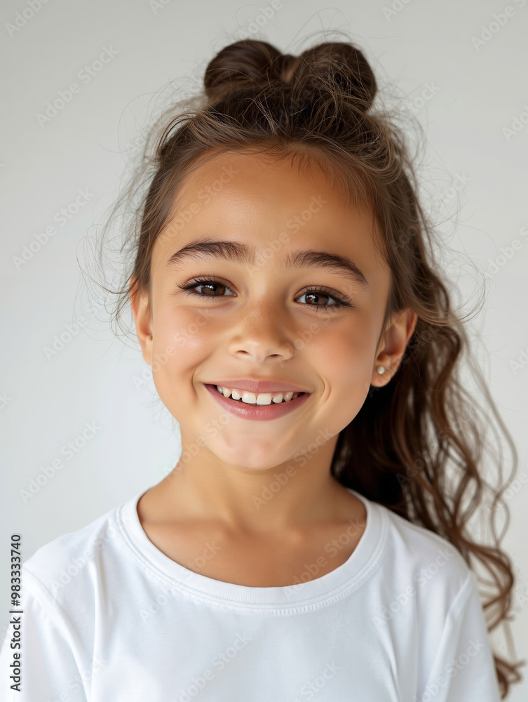 A young girl with long brown hair smiles at the camera A young girl with long brown hair smiles at the camera