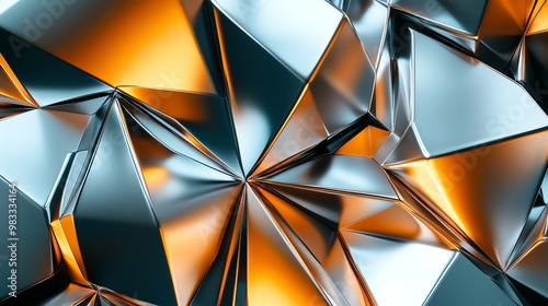 Abstract geometric background with sharp, metallic triangles in gold and blue hues.