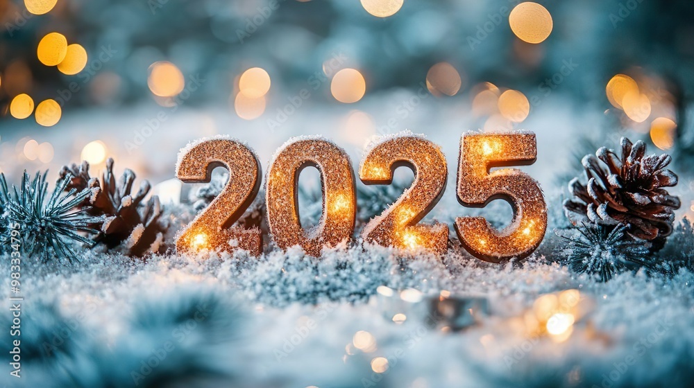 The New Year is coming. The numbers 2025. Blurred lights and the branch of the Christmas tree on a festive background.