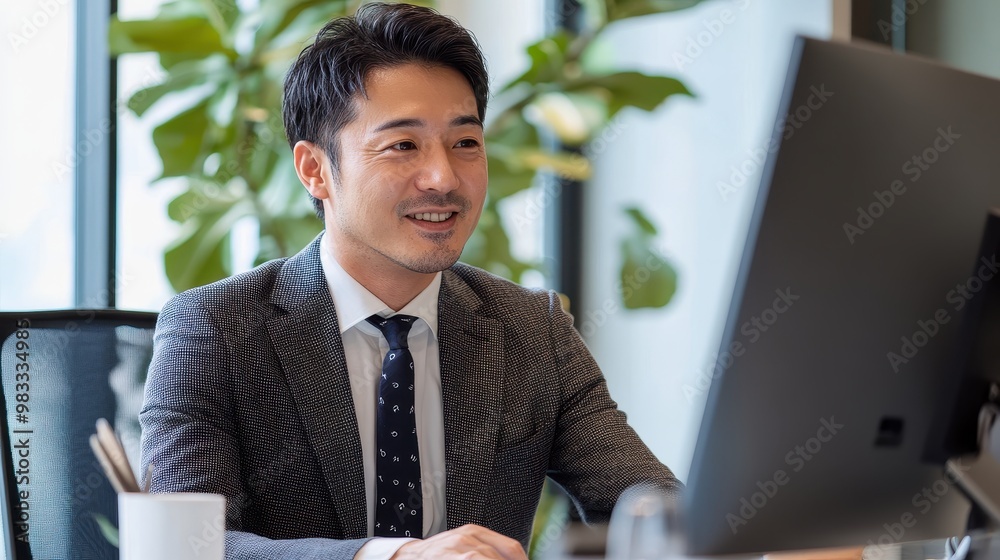 Naklejka premium Professional Man Smiling at Computer in Modern Office