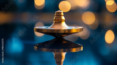 Golden Spinning Top with Blurry Lights in the Background