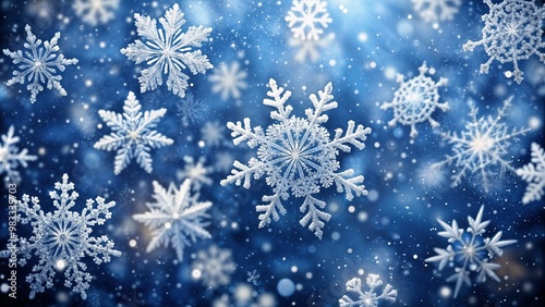 Falling snowflakes on a blue background, winter wonderland scene, festive atmosphere