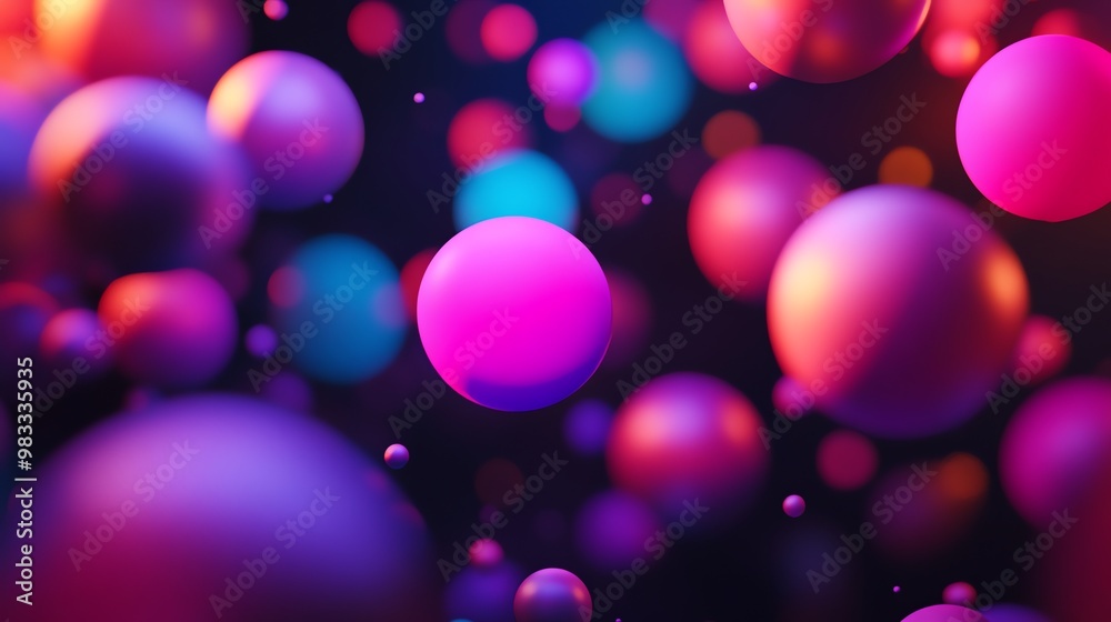 Abstract background of glowing, colorful spheres floating in a dark, neon-lit space. Abstract background of glowing, colorful spheres floating in a dark, neon-lit space.