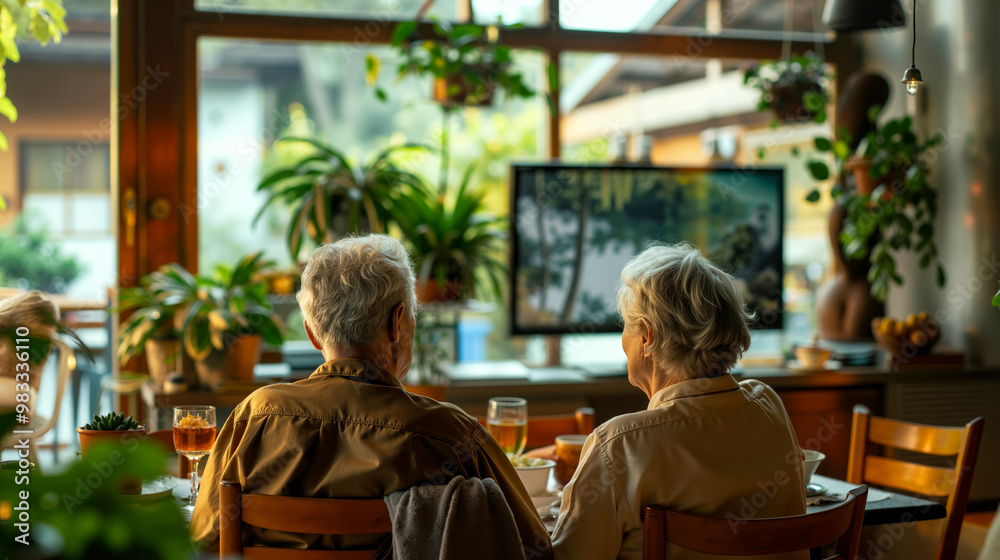 A couple of older people sitting at a table watching television A couple of older people sitting at a table watching television