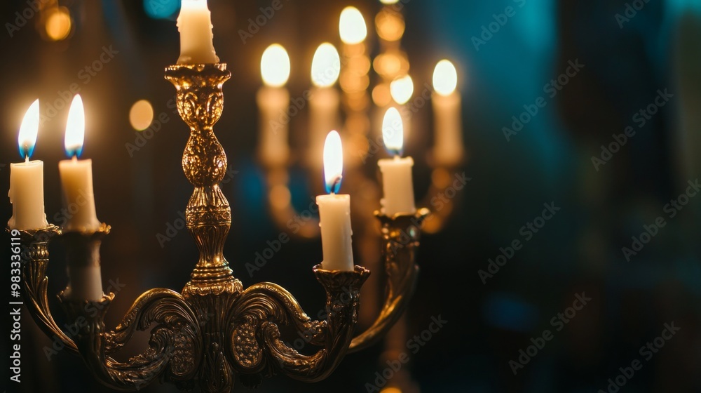 Ornate Gold Candelabra with Lit Candles Ornate Gold Candelabra with Lit Candles