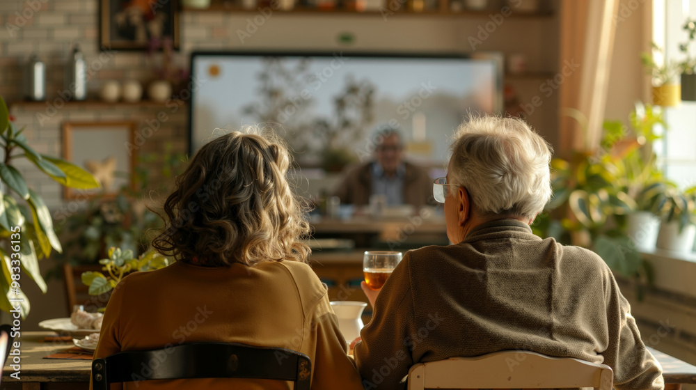 A couple of people sitting at a table in front of a television A couple of people sitting at a table in front of a television