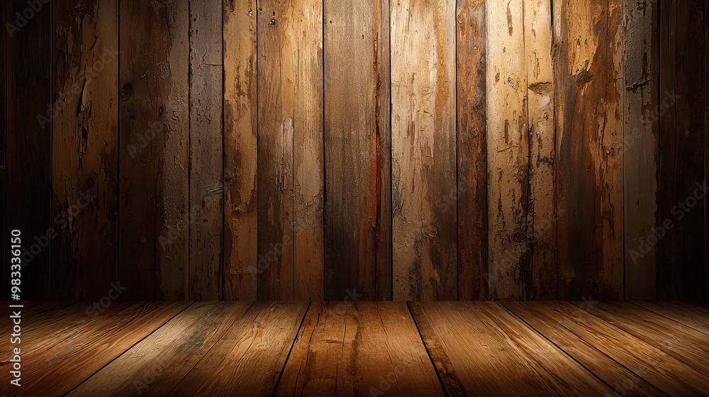 A photo of an old wooden wall with worn, weathered wood and a dark floor, creating the perfect backdrop for product display A photo of an old wooden wall with worn, weathered wood and a dark floor, creating the perfect backdrop for product display