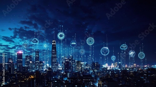 Futuristic city skyline with digital icons and technology overlays at night. Morden city and tech futuristic concept.