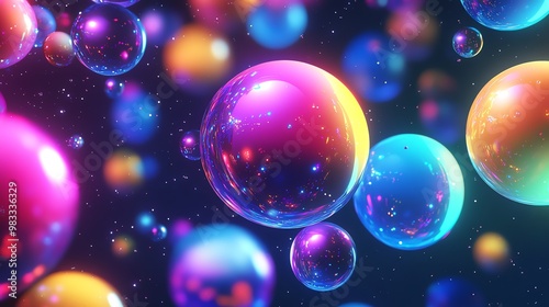 Abstract background with iridescent spheres floating in space.