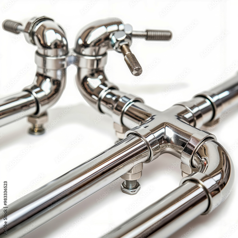 A close up of a chrome bathtub faucet on a white background A close up of a chrome bathtub faucet on a white background