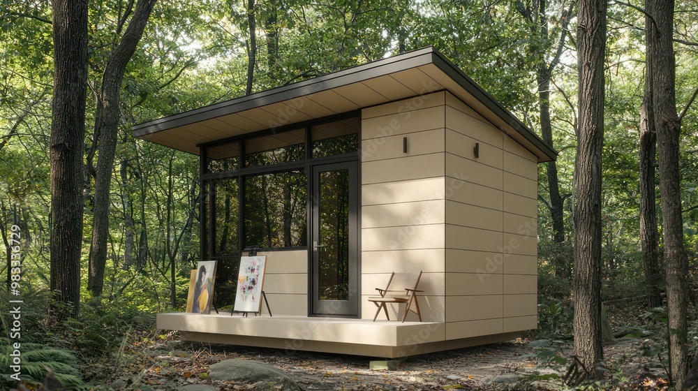 A conceptual design of a small artist studio in the woods, encased in light beige fiber cement siding to highlight its simplicity and functionality A conceptual design of a small artist studio in the woods, encased in light beige fiber cement siding to highlight its simplicity and functionality
