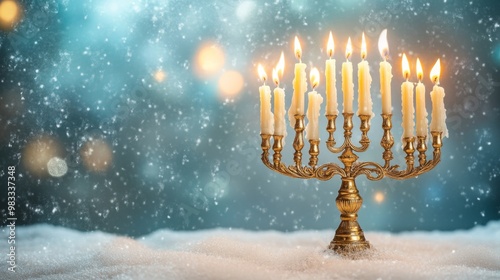 A Menorah with Burning Candles in a Snowy Setting
