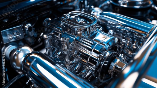 Close-up of a shiny chrome car engine showcasing intricate mechanical details and engineering precision.