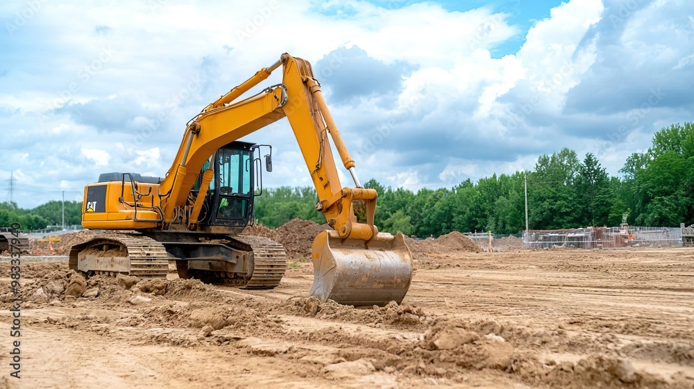 Yellow excavator digging on a construction site with a cloudy sky in the background. Yellow excavator digging on a construction site with a cloudy sky in the background.