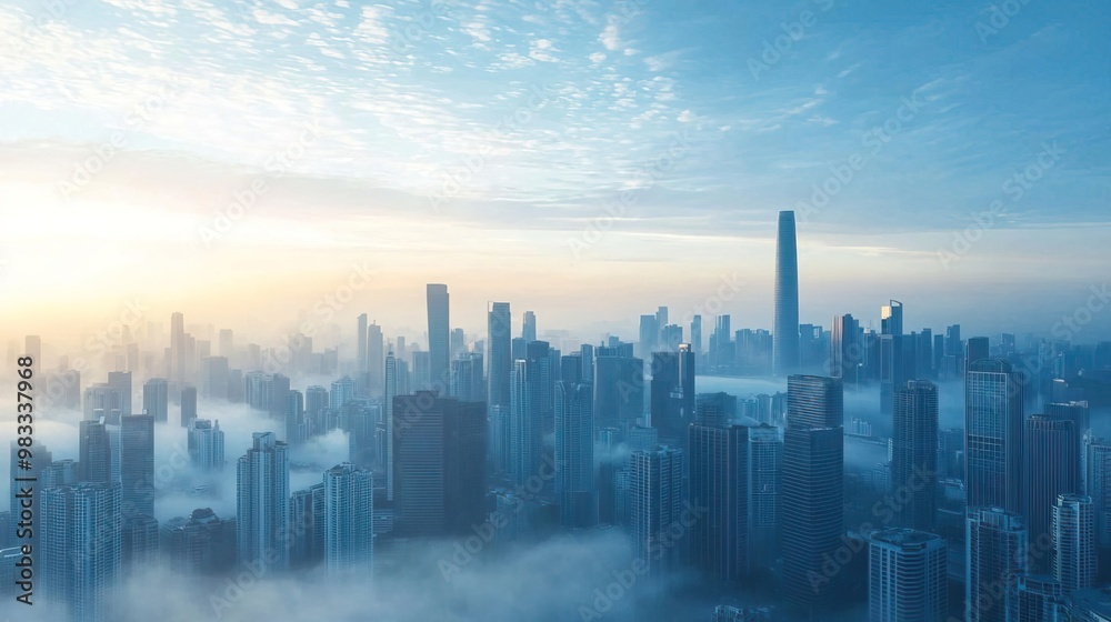 Two trees stand tall against a backdrop of a city skyline and a bright blue sky with fluffy white clouds. Two trees stand tall against a backdrop of a city skyline and a bright blue sky with fluffy white clouds.