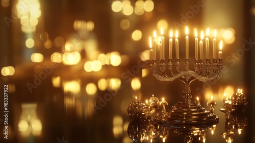 A Golden Menorah with Lit Candles and Decorations
