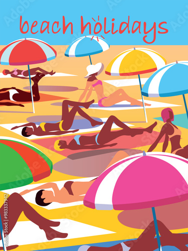 Women sunbathing on sunny beach under umbrellas at resort. Summer beach family vacation and weekend. Сomics hand drawing vector poster and illustration on resort vacation theme.
