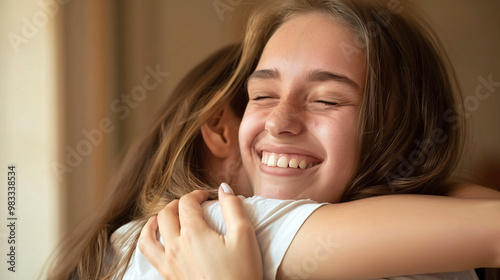 Two Friends Share a Heartfelt Hug Indoors, Smiling Warmly at Each Other in Bright Light photo