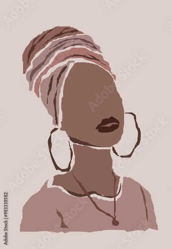 Abstract African woman portrait in minimalistic style. Black women print. Female wall art poster. African model girl of turban head wrap. Tribal beauty lady art. Elegant ethnic sketch template.
